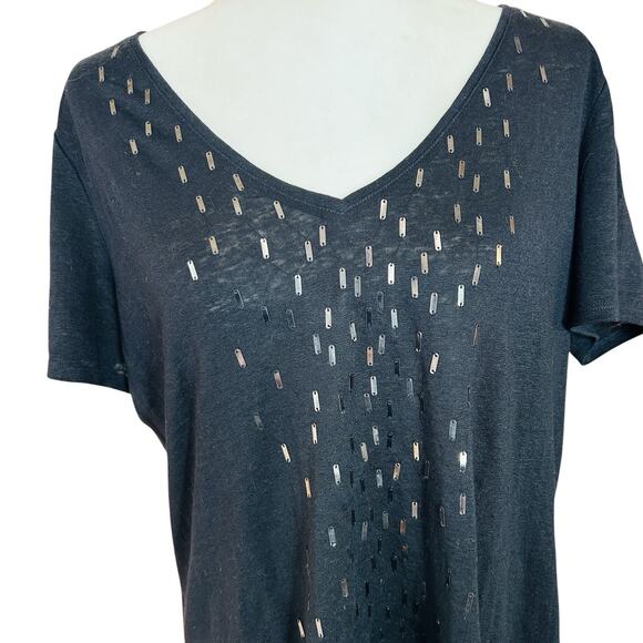Eileen Fisher Linen V Neck Top Womens Large Black Beaded Goth Quiet Luxury Chic - Picture 3 of 15